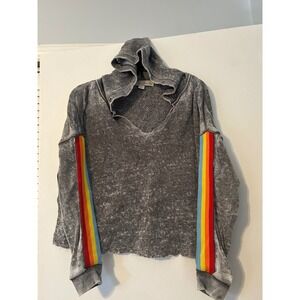 Vintage‎ Havana Gray Acid Wash Rainbow Striped Hoodie Sweatshirt S crop cutoff